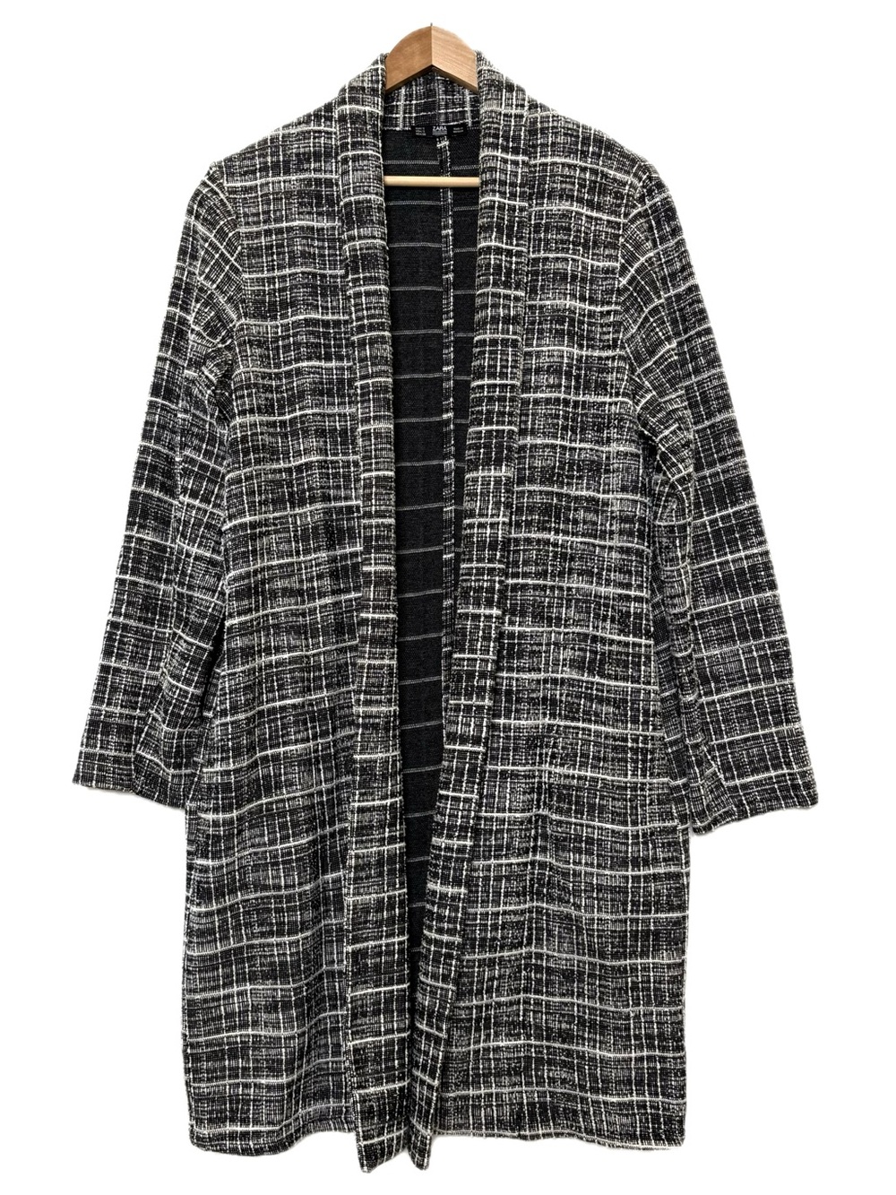 Zara Nubby Textured Plaid Tweed Open Front Long Blazer Womens Size Small Pockets